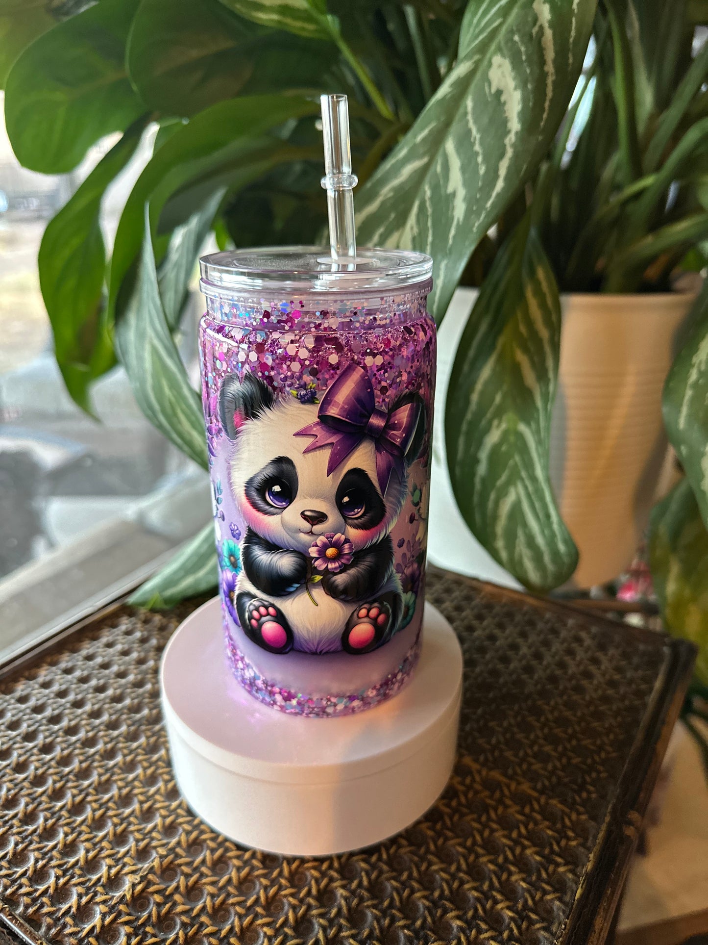 16oz Acrylic w clear Lid Purple Baby Panda