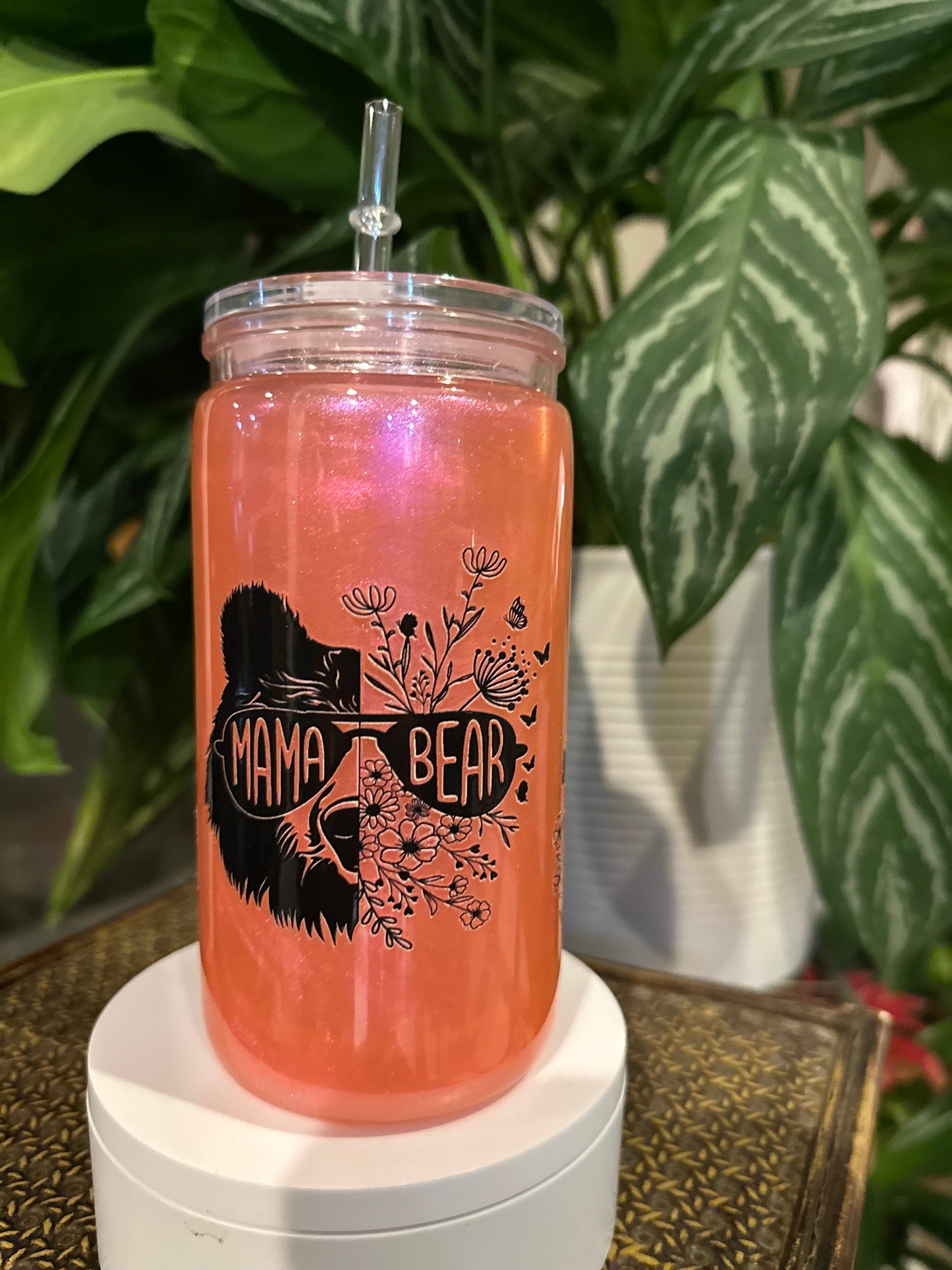 16oz Acrylic Peachy Mica Mama Bear w/Clear Lid