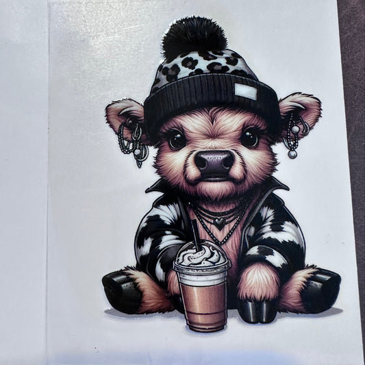 Cow w Beanie & Coffee 3.5"