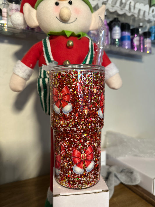 18oz Acrylic Spill proof lid & Straw Red Christmas Bows Med Flow