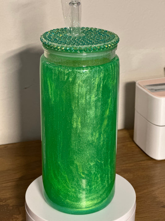 20oz Acrylic Green Mica Swirl w/Clear Lid (Choose your Decal) & Add Bling Lid