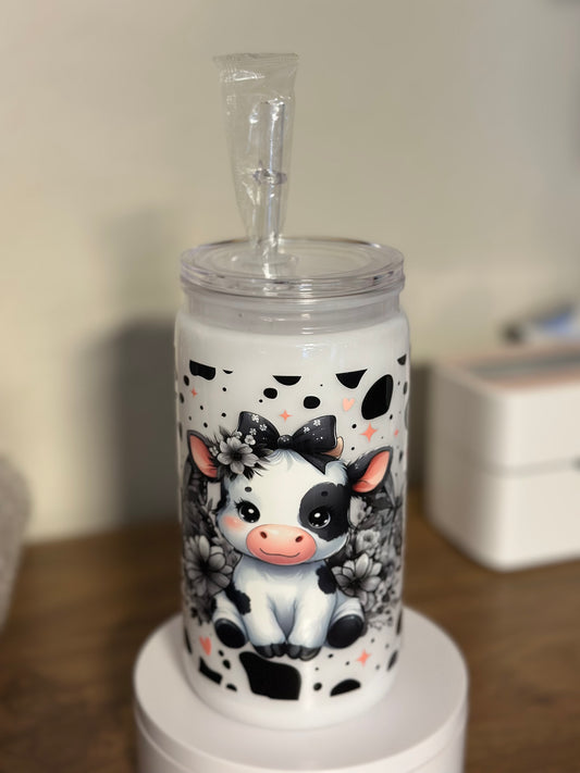 16oz Acrylic clear lid Milk w/ Black & White Spotted Baby Cow